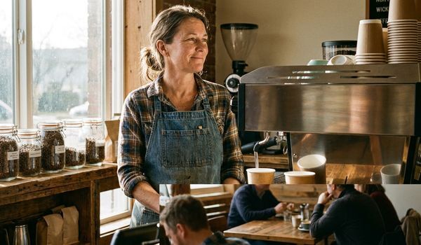 A confident small business owner in a denim apron standing behind the counter of her bright independent coffee roastery, gazing toward the window