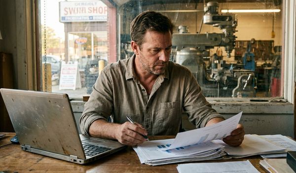 Small business owner reviewing growth plans and financial documents at his workshop office desk