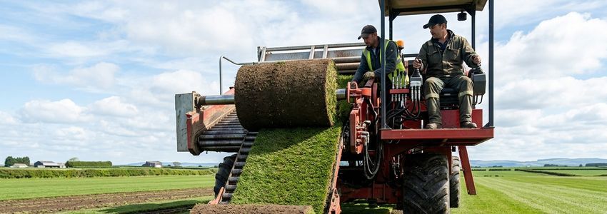 Sod farm workers operating a commercial roll harvester in a large turf field