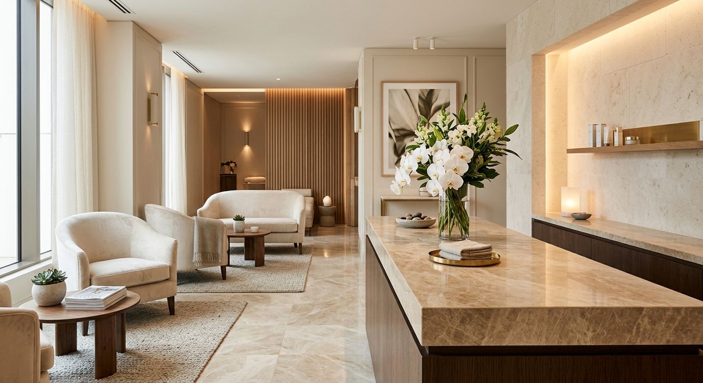Upscale spa reception area with marble counters, orchids, and elegant wellness center interior