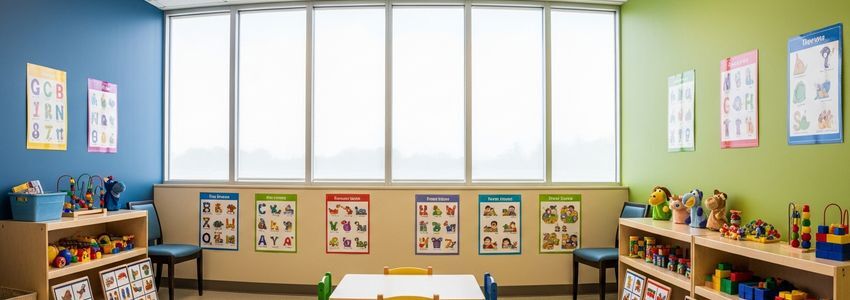 Child-friendly speech therapy treatment room with educational materials and warm natural lighting