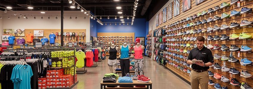 Modern sporting goods retail store interior with athletic apparel and equipment displays