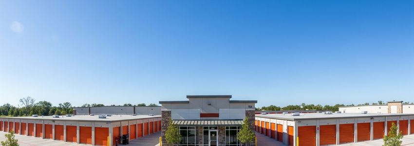 Modern self storage facility with orange roll-up doors and clean exterior