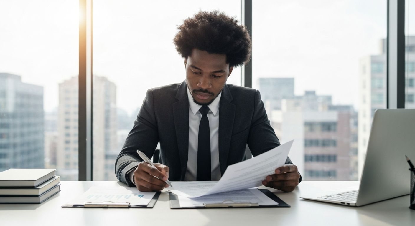 Business professional reviewing multiple loan documents at a modern office desk with city skyline background