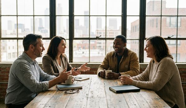 Four small business owners discussing financing survey results around a reclaimed wood conference table in a sunlit loft office