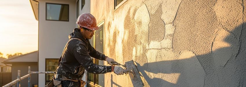Stucco contractor applying textured coating to exterior wall
