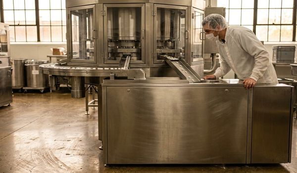 A technician in a white cleanroom coat and hairnet inspecting a stainless steel rotary tablet press on a pharmaceutical manufacturing floor