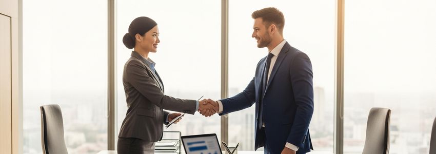 Business professionals shaking hands in a modern office - TD Bank business loan comparison