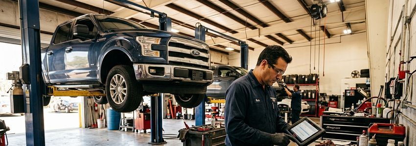Auto repair technician examining a transmission with a diagnostic scanner in a professional repair shop