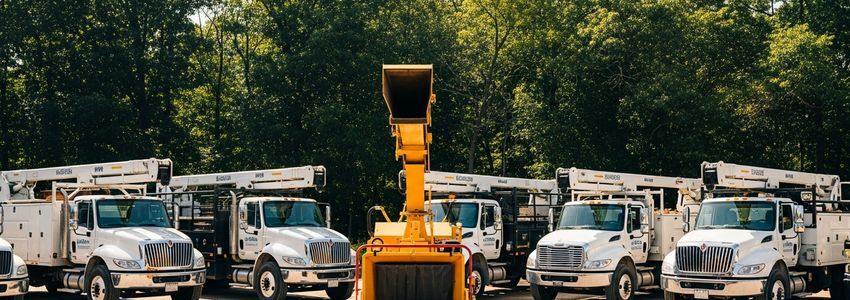 Professional tree trimming equipment including bucket trucks and wood chippers at a tree service company yard