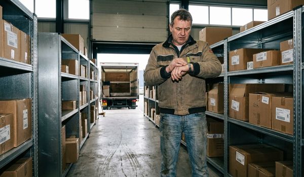 Small business owner checking his watch in a warehouse aisle lined with inventory boxes and a waiting delivery truck, representing the cost of slow business funding