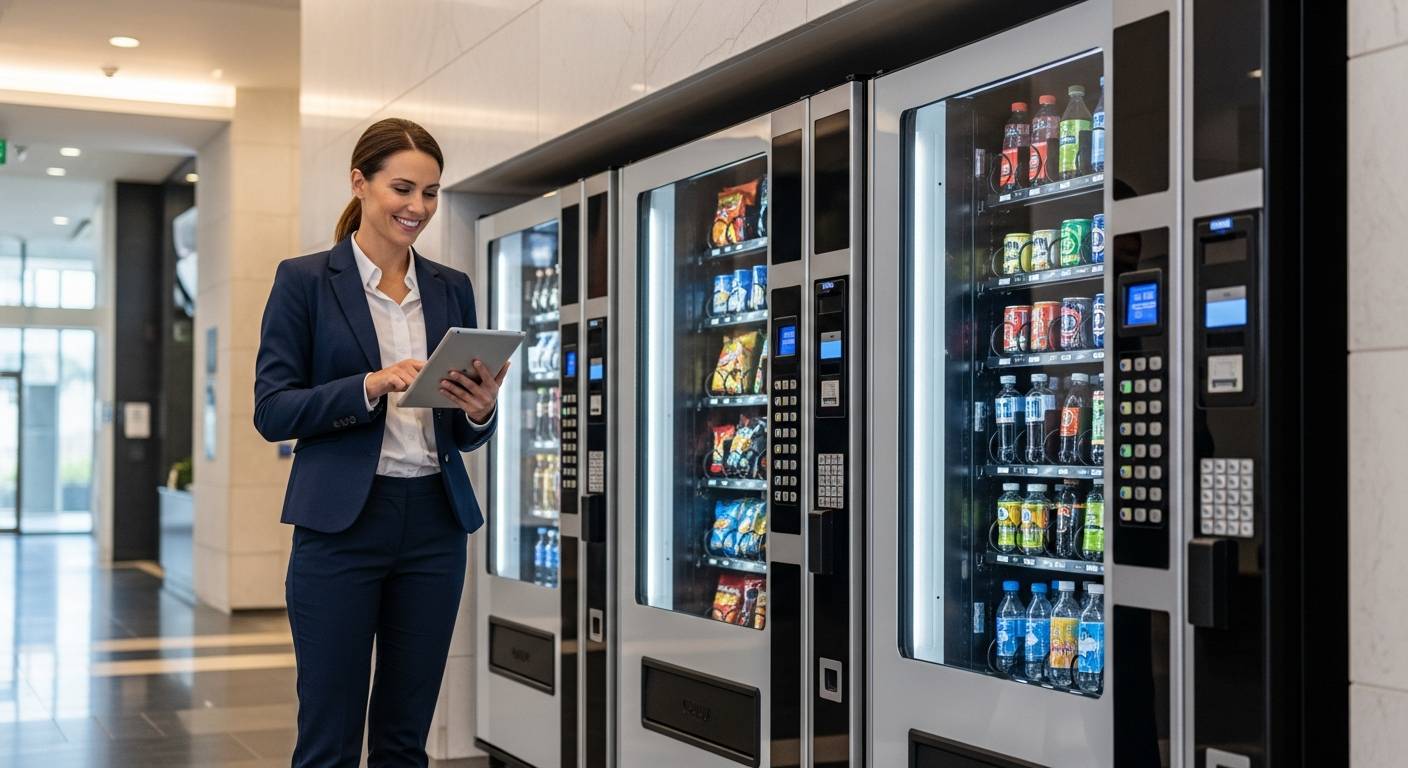 Vending machine business owner standing in front of a row of modern vending machines in an office building lobby