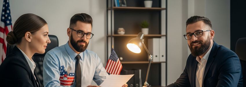 Veteran business owner reviewing financing documents at a professional office desk