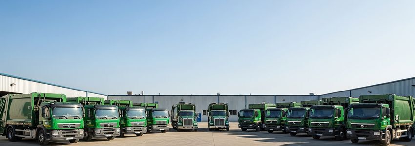 Waste management company fleet trucks parked at commercial facility depot