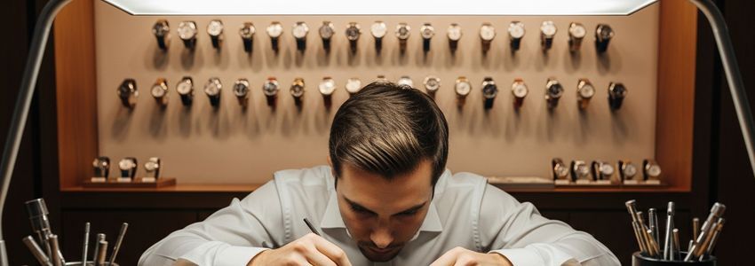 Watch repair technician working on luxury timepiece at a professional watchmaking bench