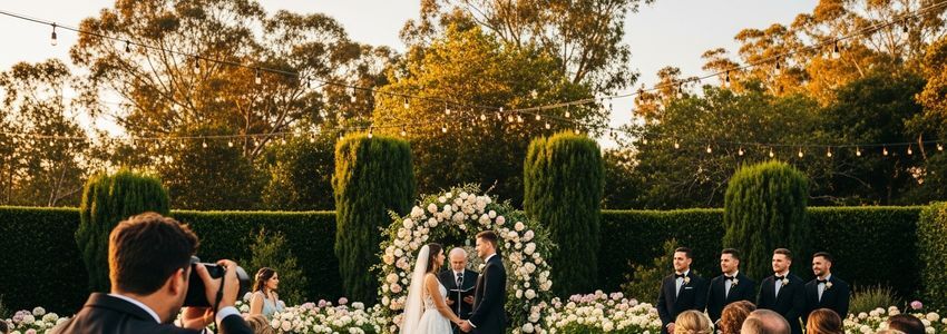 Professional wedding photographer shooting a ceremony in an elegant outdoor garden venue