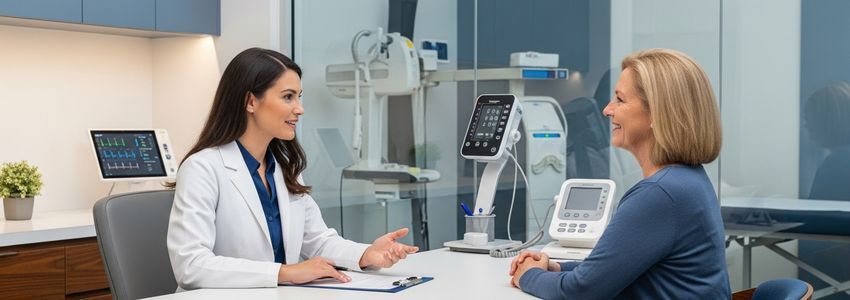 Weight loss clinic consultation room with healthcare professional and patient