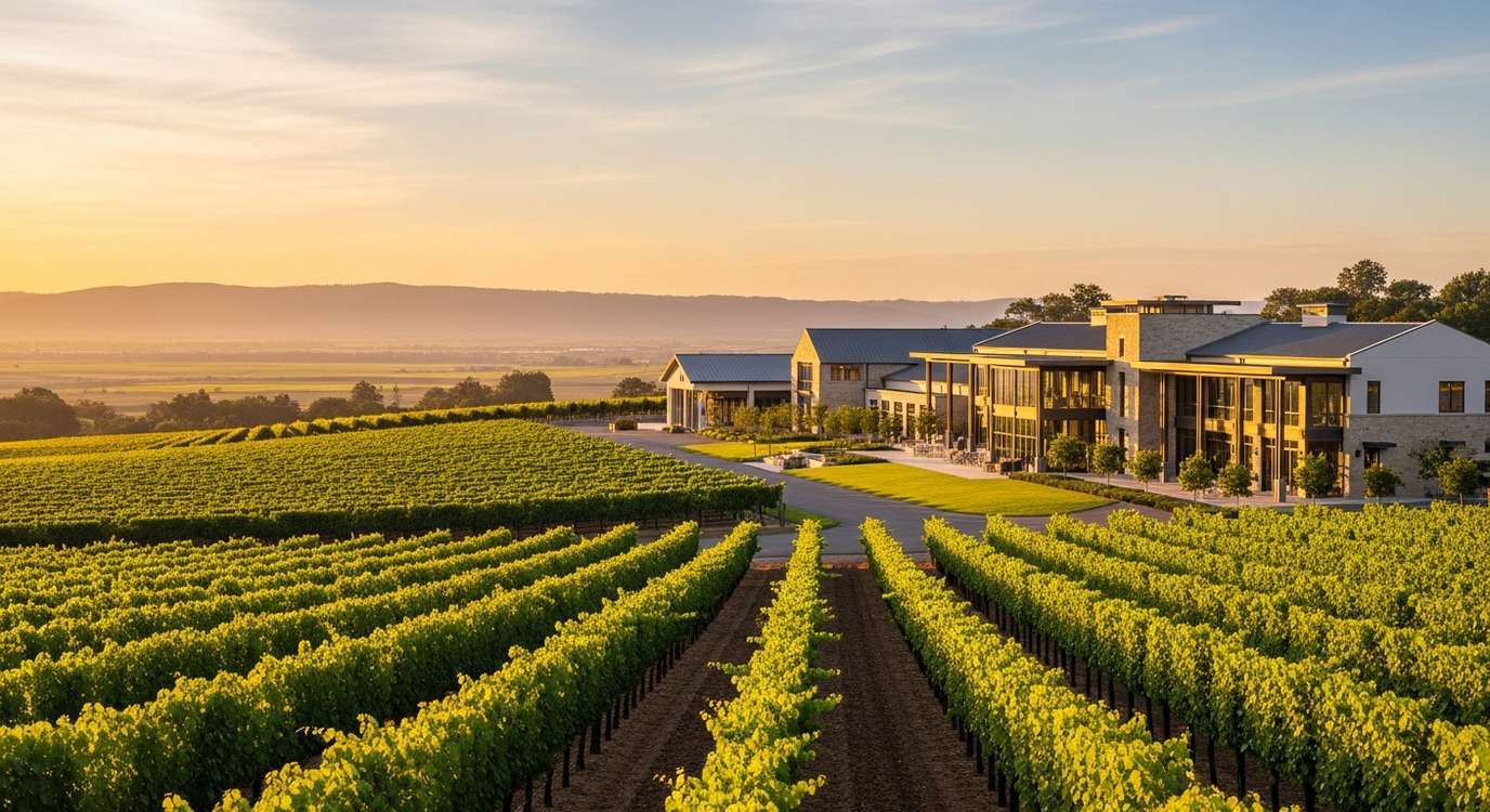 Scenic winery estate with vineyard rows and modern winery building