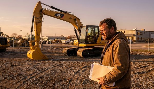 Business owner in a work jacket reviewing a new excavator at an outdoor equipment dealership lot in late afternoon light