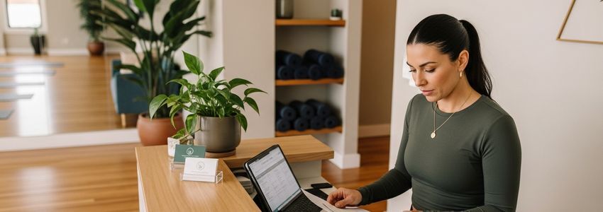 Yoga studio owner reviewing business financing documents at reception desk