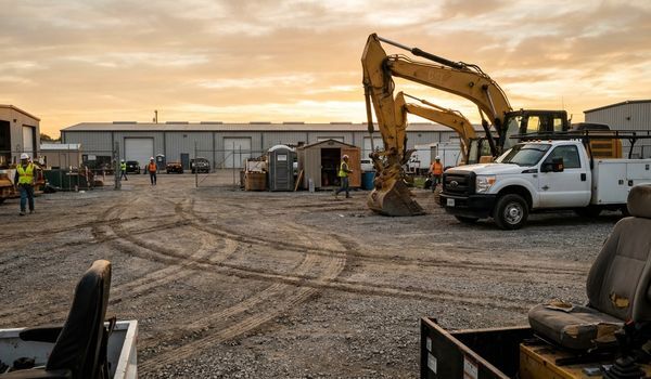 Construction equipment yard at golden hour with a yellow excavator and white work truck, representing industries that benefit from equipment financing