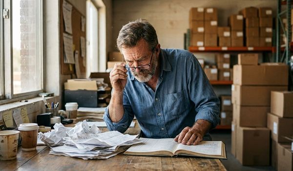 Small business owner reviewing stacks of unpaid invoices and a ledger at a desk in a wholesale distribution office with warehouse shelving behind him