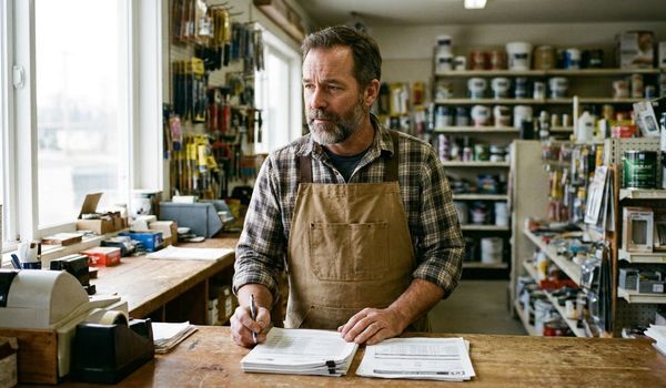A small business owner in a work apron reviewing financing documents at the counter of his hardware store