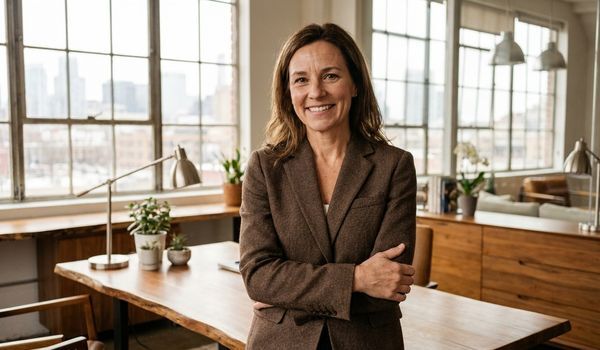 Confident small business owner standing in a bright modern office, representing 2026 business line of credit statistics