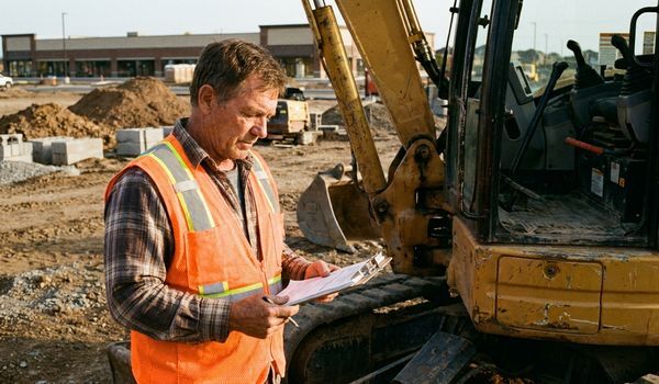 Small business owner in a high-visibility safety vest reviewing paperwork on a clipboard beside a yellow excavator at a construction work site
