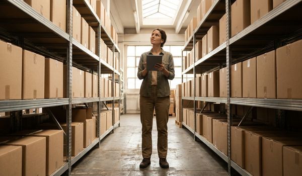 A business owner standing in a warehouse aisle reviewing inventory on a tablet between tall shelves of stocked boxes