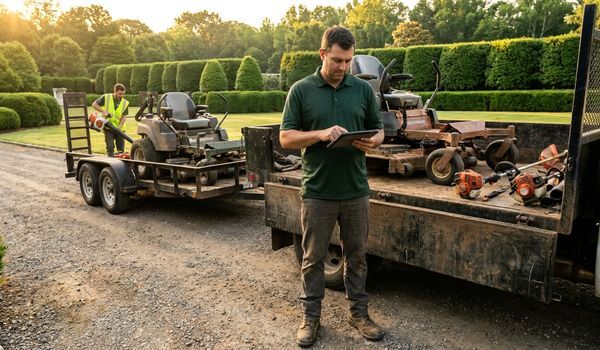 A landscaping business owner reviewing a tablet in front of a commercial truck loaded with professional mowing and landscaping equipment