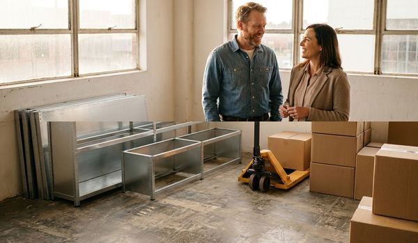 Two business owners standing in a bright commercial space being prepared for expansion, with new metal shelving, a pallet jack, and cardboard boxes around them