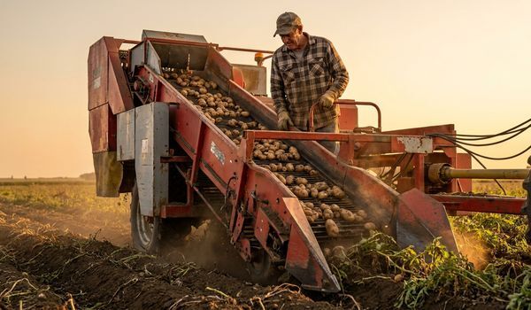 Farmer in a plaid shirt and cap inspecting freshly dug potatoes moving along a self-propelled potato harvester conveyor during autumn harvest