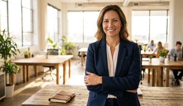 Confident small business owner standing in a bright modern office at the start of the year, ready to put fresh capital to work