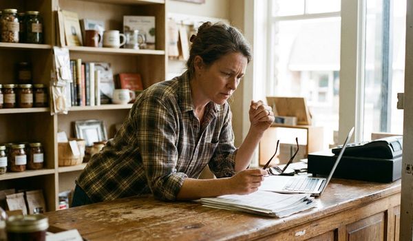 Small business owner reviewing invoices and paperwork at her retail store counter