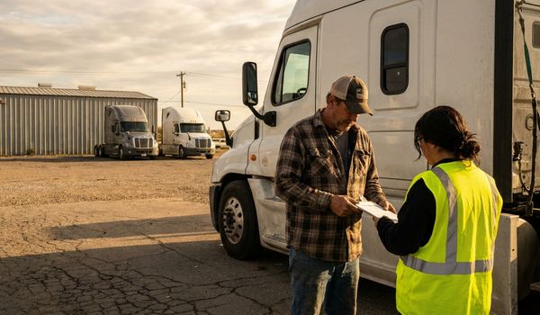 Trucking company owner and driver reviewing paperwork beside a white Class 8 sleeper cab at a fleet depot