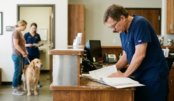 Veterinarian in navy scrubs reviewing practice financial documents at a modern veterinary clinic front desk, with a client and golden retriever in the background