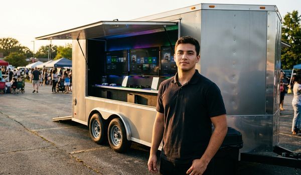 Mobile video game truck owner standing beside his gaming trailer at an outdoor event