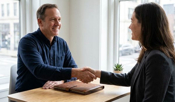 Small business owner shaking hands with a loan officer across a desk in a bright modern bank office after discussing business loan questions