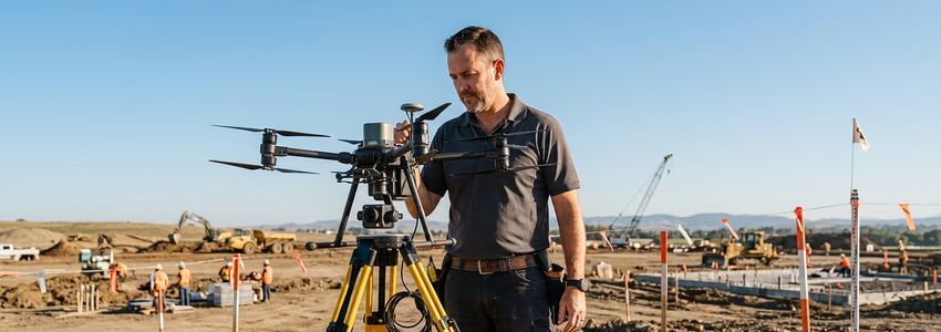 Drone surveyor at a construction site holding a controller with a mapping drone and GPS survey tripod visible nearby