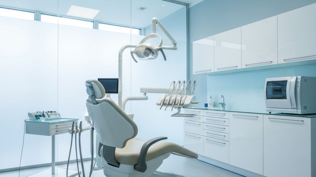 Modern dental operatory room with professional dental chair and dental equipment