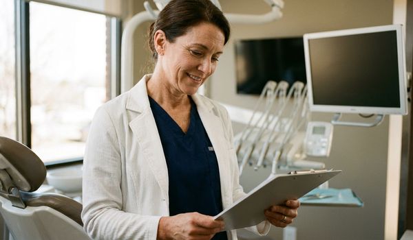 Dentist reviewing financing paperwork in a modern dental practice with digital equipment in the background