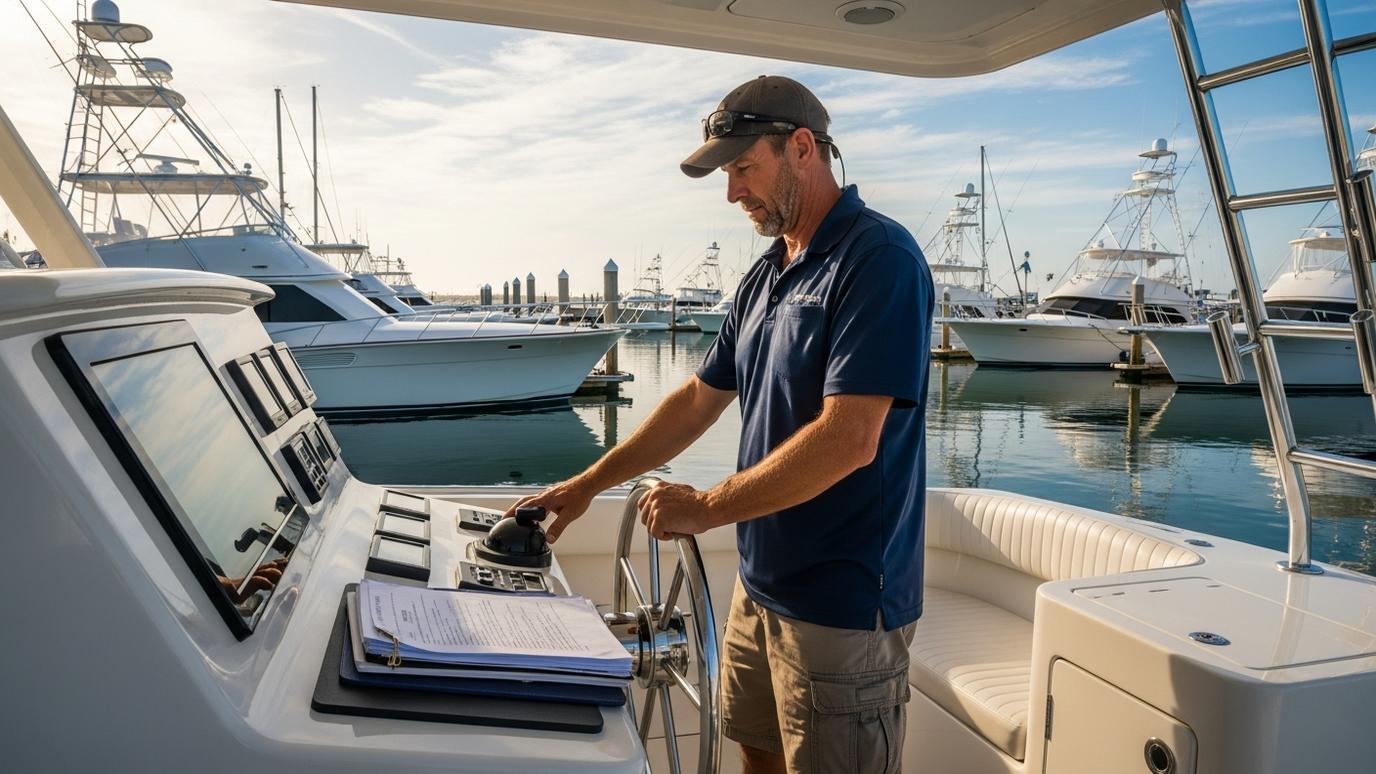 Commercial fishing charter boat with captain at the helm reviewing business documents at a marina