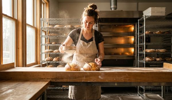 A baker dusting flour over artisan gluten-free loaves in a dedicated commercial bakery with a deck oven and cooling racks