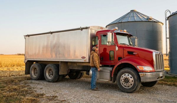 A red tandem grain truck with an aluminum grain bed parked beside steel grain storage bins on a farm, a farmer in a work jacket checking the load