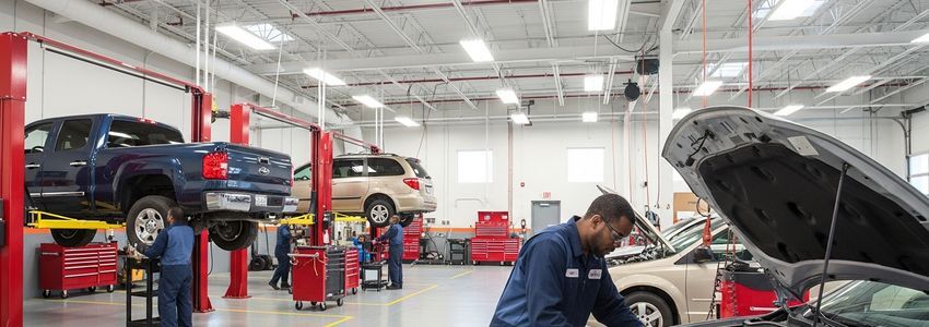 Professional auto repair shop with mechanic on hydraulic lift — auto repair business loans from Crestmont Capital