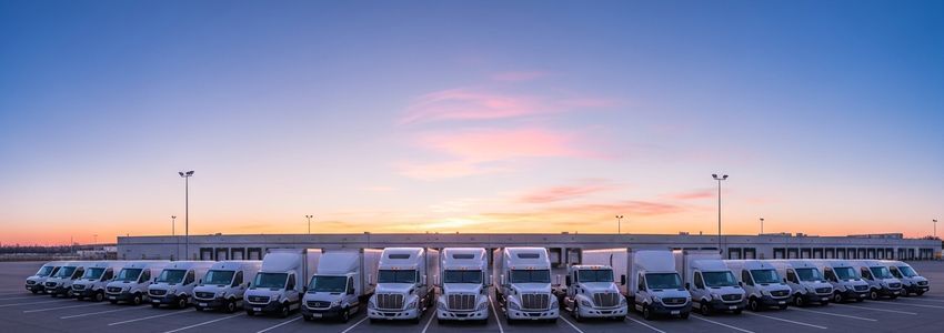 Row of commercial semi trucks financed by Crestmont Capital