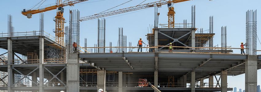 Construction site with crane and workers in hard hats, modern building under construction