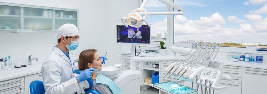 Modern dental office with professional dental chair and clinical equipment