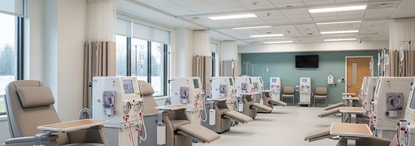 Modern dialysis center treatment room with dialysis machines and reclining chairs